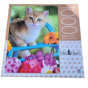 Big Ben Puzzle Kitten On Chair Surrounded Flowers Milton Bradley 1000 Pc